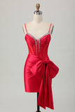 Sparkly Red Tight Corset Bow Short Homecoming Dress with Beading