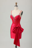 Sparkly Red Tight Beaded Corset Short Homecoming Dress with Bow