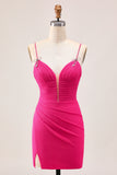 Sparkly Fuchsia Tight Spaghetti Straps Short Homecoming Dress with Beading