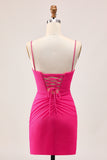 Sparkly Fuchsia Tight Spaghetti Straps Short Homecoming Dress with Beading