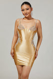 Sparkly Golden Corset Satin Short Tight Homecoming Dress with Beading