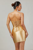 Sparkly Golden Corset Satin Short Tight Homecoming Dress with Beading