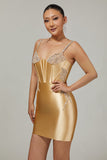 Sparkly Golden Corset Satin Short Tight Homecoming Dress with Beading