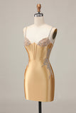 Sparkly Golden Corset Satin Short Tight Homecoming Dress with Beading