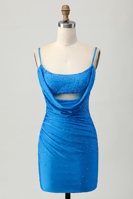 Sparkly Blue Tight Beaded Cut Out Short Homecoming Dress with Drapes
