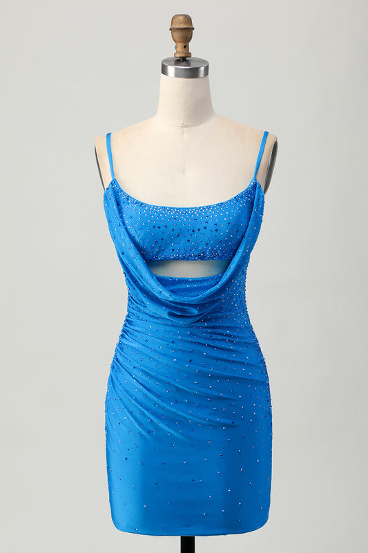 Sparkly Blue Tight Beaded Cut Out Short Homecoming Dress with Drapes