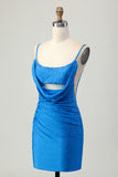 Sparkly Blue Tight Beaded Cut Out Short Homecoming Dress with Drapes