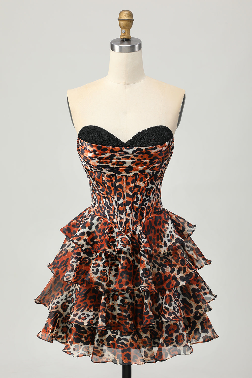 Khaki Leopard Corset Strapless Print Short Homecoming Dress with Ruffles