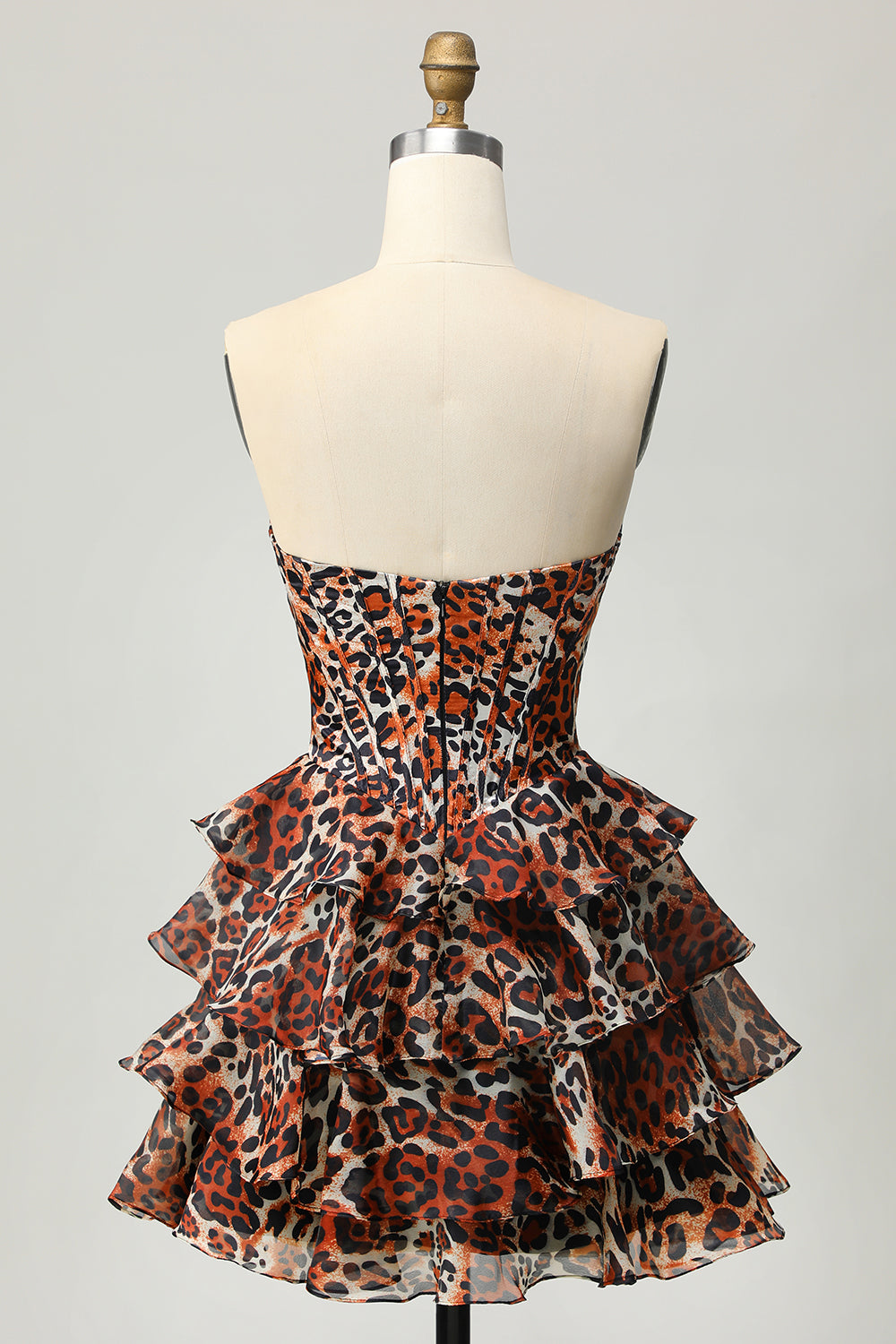 Khaki Leopard Corset Strapless Print Short Homecoming Dress with Ruffles