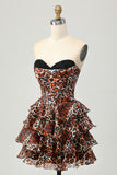 Khaki Leopard Print Corset Strapless Short Homecoming Dress with Ruffles