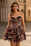 Khaki Leopard Corset Strapless Print Short Homecoming Dress with Ruffles