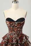 Khaki Leopard Print Corset Strapless Short Homecoming Dress with Ruffles