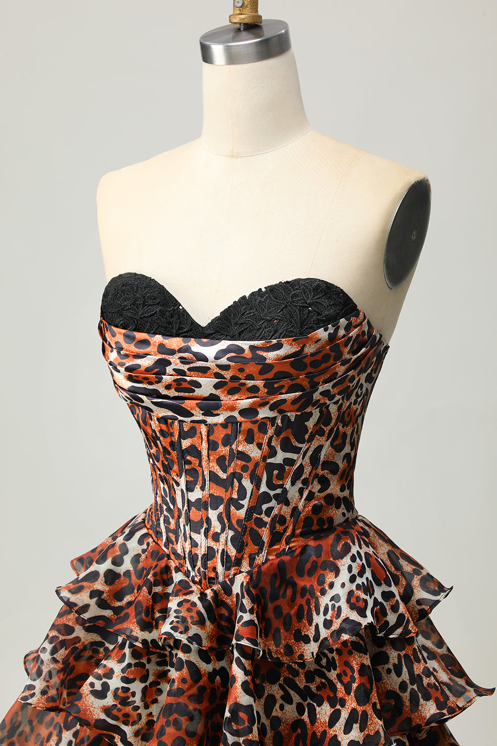 Khaki Leopard Print Corset Strapless Short Homecoming Dress with Ruffles