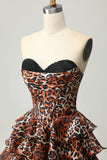 Khaki Leopard Print Corset Strapless Short Homecoming Dress with Ruffles