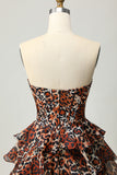 Khaki Leopard Print Corset Strapless Short Homecoming Dress with Ruffles