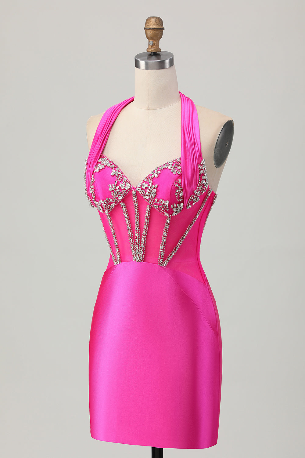 Sparkly Fuchsia Corset Tight Halter Short Homecoming Dress with Rhinestones