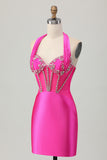 Sparkly Fuchsia Corset Tight Halter Short Homecoming Dress with Rhinestones