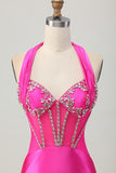Sparkly Fuchsia Corset Tight Halter Short Homecoming Dress with Rhinestones