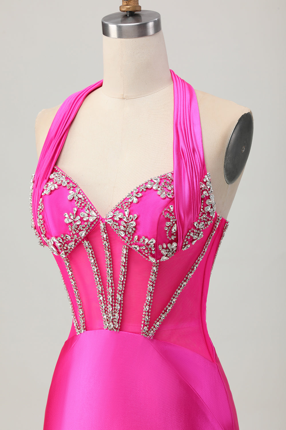 Sparkly Fuchsia Corset Tight Halter Short Homecoming Dress with Rhinestones