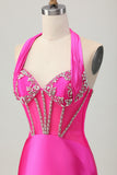 Sparkly Fuchsia Corset Tight Halter Short Homecoming Dress with Rhinestones