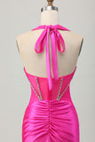 Sparkly Fuchsia Corset Tight Halter Short Homecoming Dress with Rhinestones