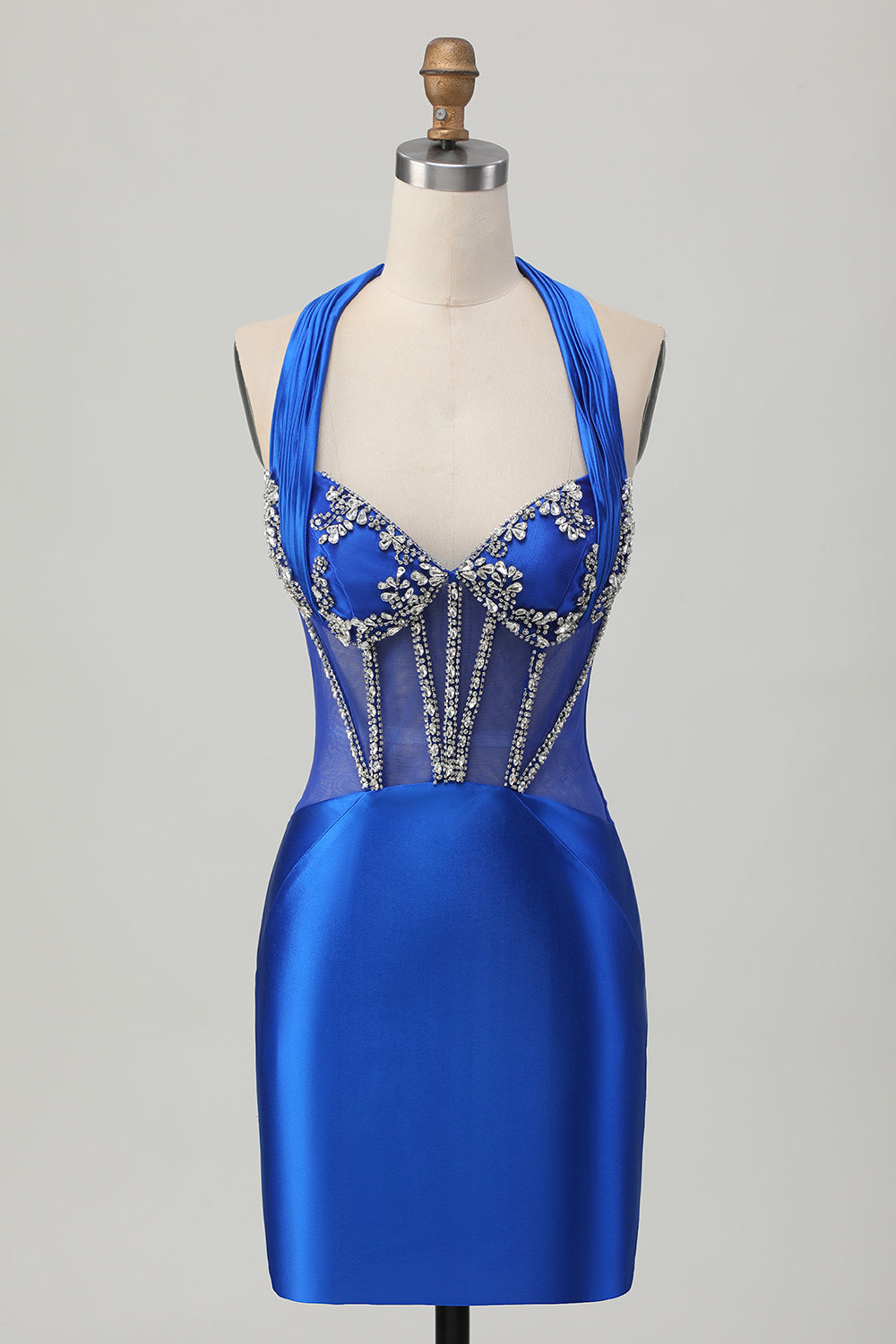 Sparkly Fuchsia Corset Halter Tight Short Homecoming Dress with Rhinestones