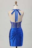 Sparkly Fuchsia Corset Halter Tight Short Homecoming Dress with Rhinestones