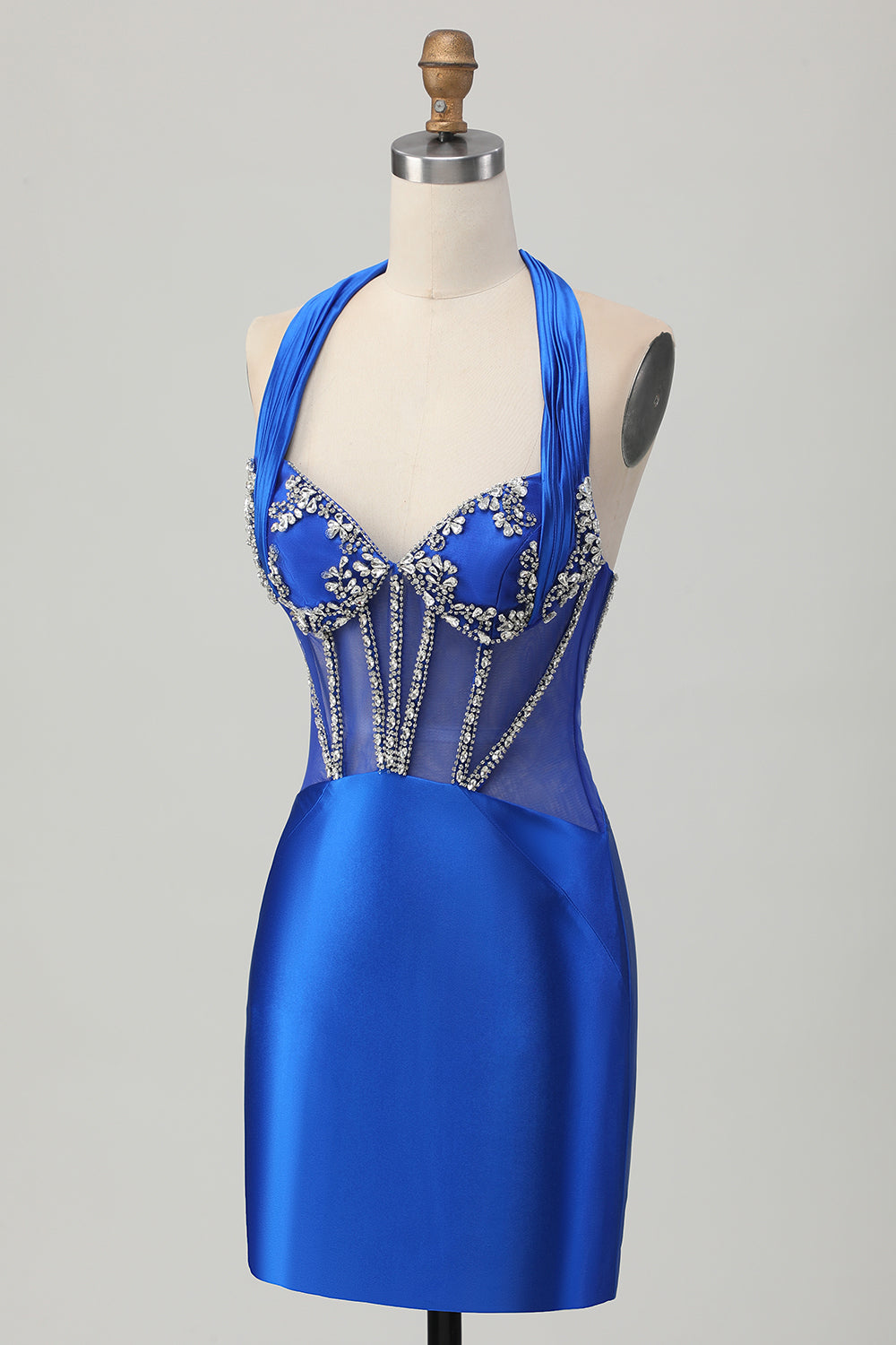 Sparkly Fuchsia Corset Tight Halter Short Homecoming Dress with Rhinestones