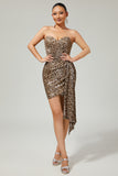 Sparkly Khaki Leopard Printed Sequin Tight Short Homecoming Dress