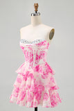 Sparkly Fuchsia Floral Sweetheart Short Corset Homecoming Dress with Sequins