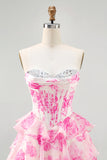Sparkly Fuchsia Floral Sweetheart Short Corset Homecoming Dress with Sequins