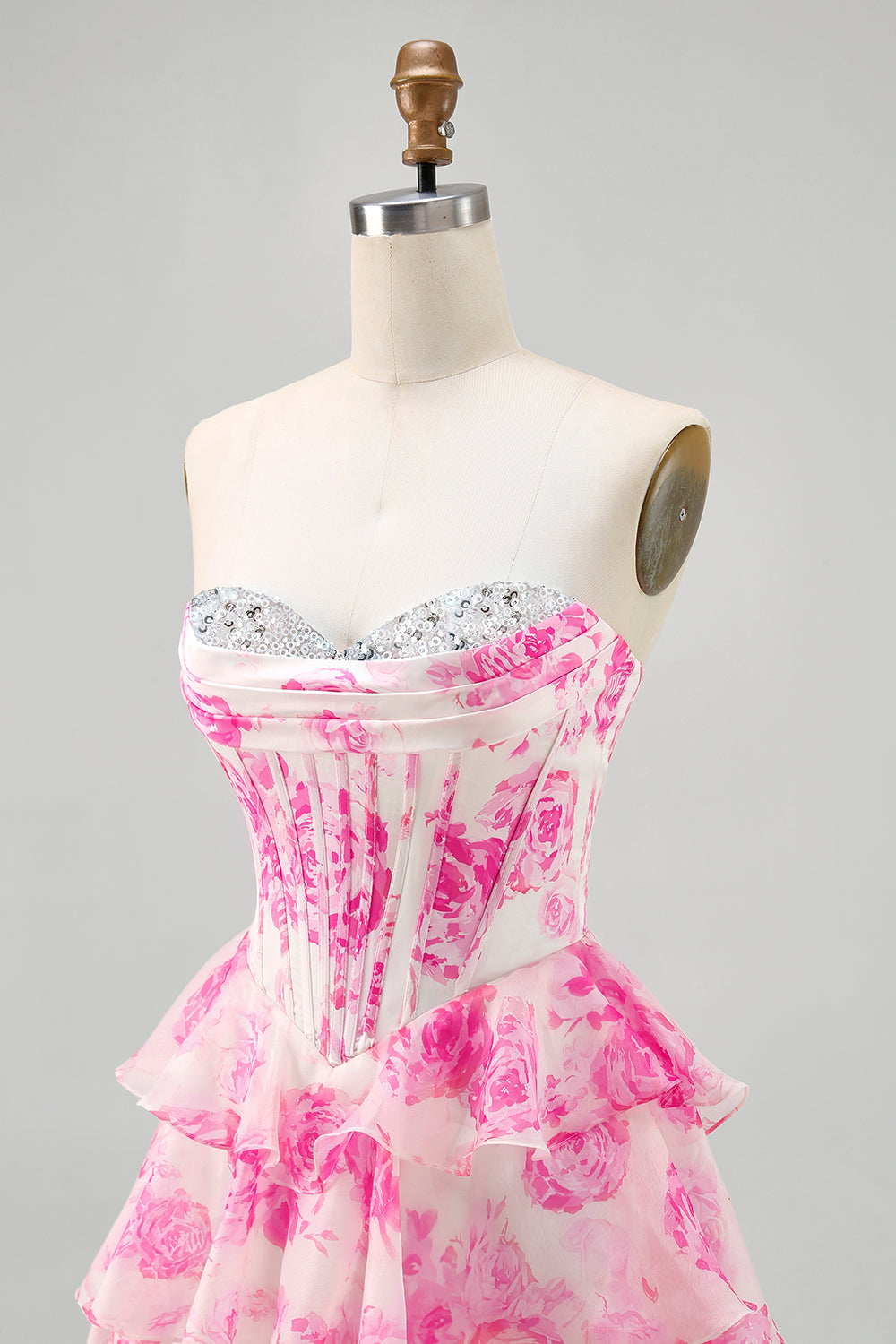 Sparkly Fuchsia Floral Sweetheart Short Corset Homecoming Dress with Sequins