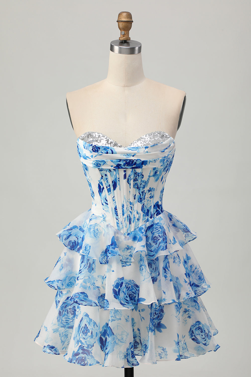 Sparkly White Fuchsia Flower Corset Short Tiered Homecoming Dress