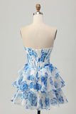 Sparkly White Fuchsia Flower Corset Short Tiered Homecoming Dress