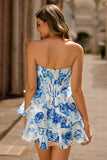 Sparkly White Blue Flower Corset Short Homecoming Dress with Ruffles