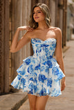 Sparkly White Fuchsia Flower Corset Short Tiered Homecoming Dress