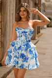 Sparkly White Blue Flower Corset Short Homecoming Dress with Ruffles