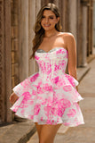 Sparkly White Blue Flower Corset Short Homecoming Dress with Ruffles
