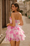 Sparkly Fuchsia Floral Sweetheart Short Corset Homecoming Dress with Sequins