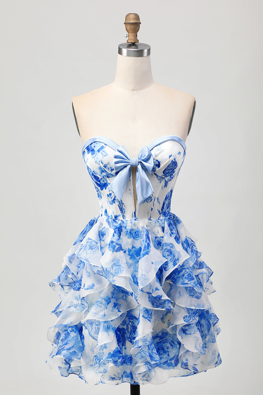 White Blue Flower Corset Ruffled A Line Short Homecoming Dress with Bow