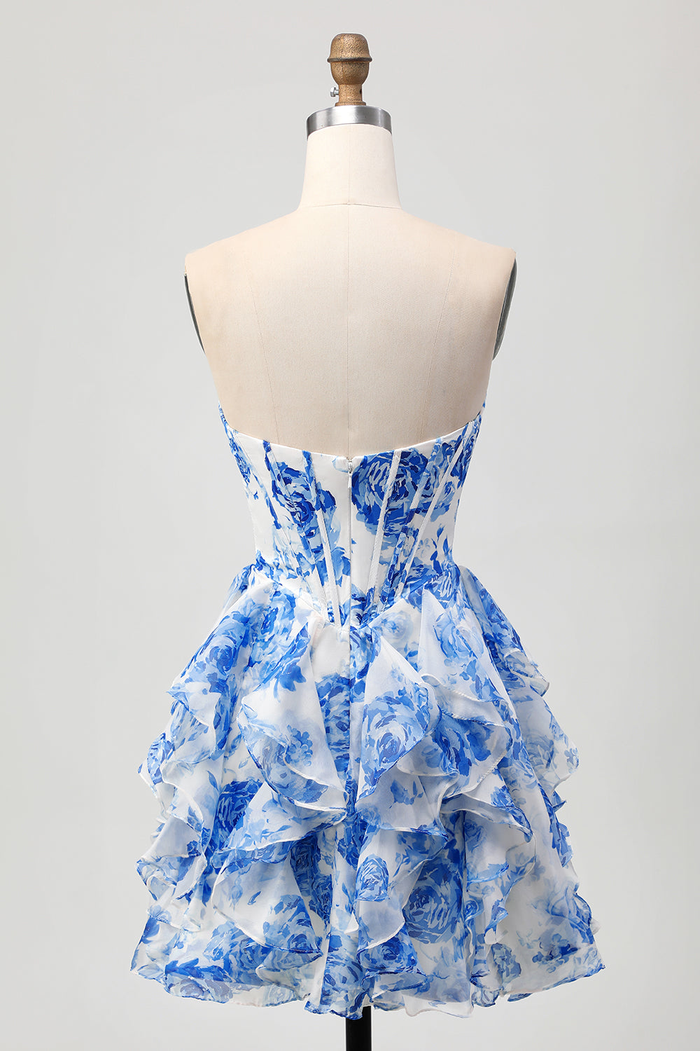White Blue Flower Corset Ruffled A Line Short Homecoming Dress with Bow