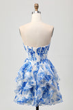 White Blue Flower Corset Ruffled A Line Short Homecoming Dress with Bow