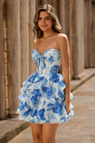 White Blue Flower Corset Ruffled A Line Short Homecoming Dress with Bow