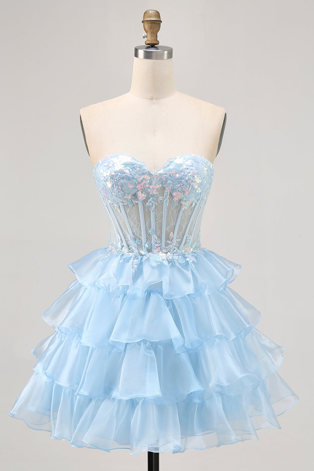 Zapakasa Women Sparkly Blue Short Corset Homecoming Dress with Lace Sweetheart Tiered A Line Lace Up Back Cocktail Dress with Ruffles