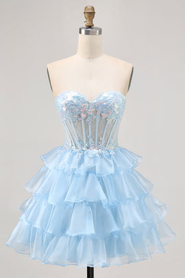 Zapakasa Women Sparkly Blue Short Corset Homecoming Dress with Lace Sweetheart Tiered A Line Lace Up Back Cocktail Dress with Ruffles