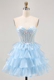 Zapakasa Women Sparkly Blue Short Corset Homecoming Dress with Lace Sweetheart Tiered A Line Lace Up Back Cocktail Dress with Ruffles