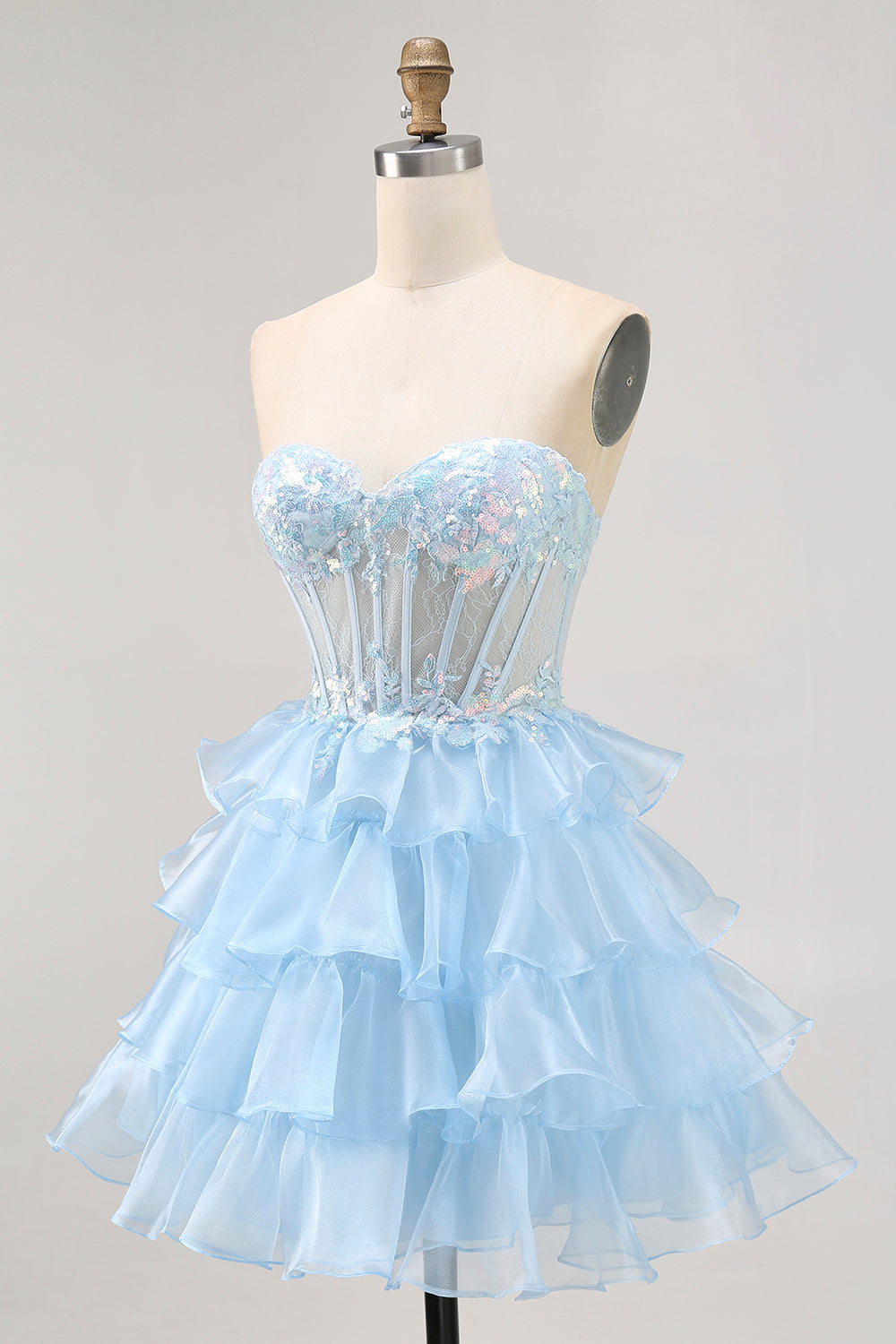 Zapakasa Women Sparkly Blue Short Corset Homecoming Dress with Lace