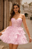 Sparkly Blue Sweetheart Ruffled Short Corset Homecoming Dress with Lace