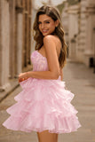 Sparkly Blue Sweetheart Ruffled Short Corset Homecoming Dress with Lace