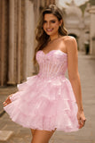 Sparkly Blue Sweetheart Ruffled Short Corset Homecoming Dress with Lace